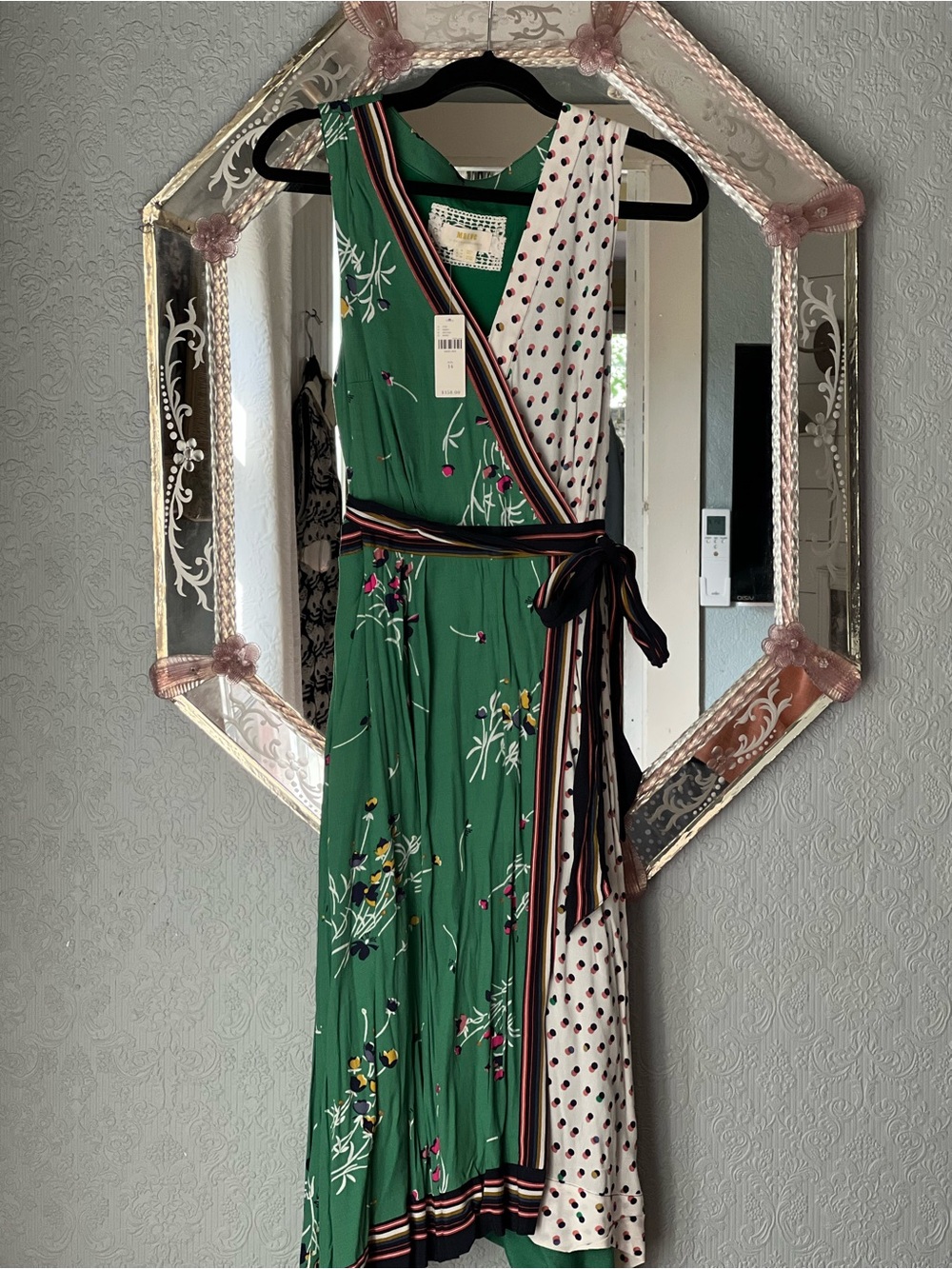 Anthropologie, Maeve, Size 14 Green Floral & White Polka-Dot Wrap Dress - Picture 3 of 8